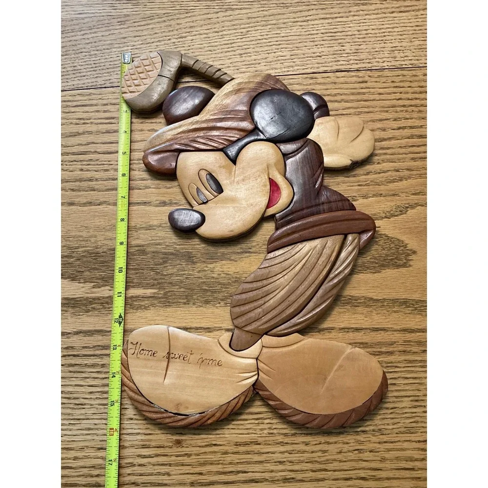 Disney Mickey Mouse Golfing Intarsia Wood Wall Art Home Sweet Home Handcrafted